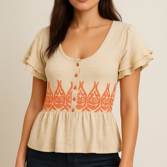 Moth Anthropologie Fanning Flames Short Sleeved Embroidered Knit Cardigan Top S